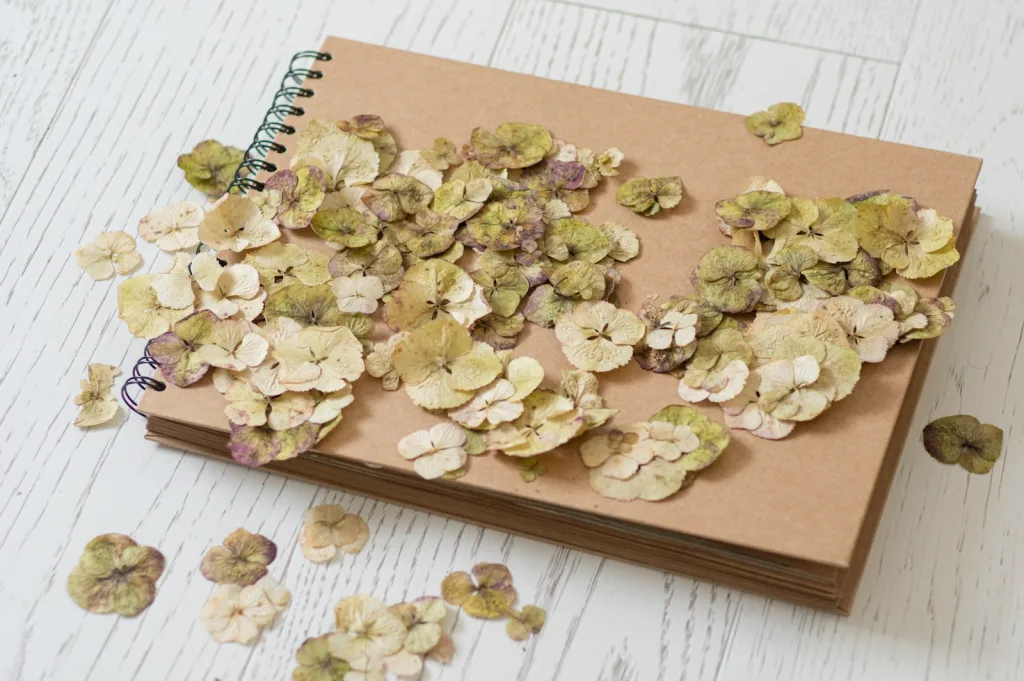 a notebook with a bunch of dried flowers on top of it