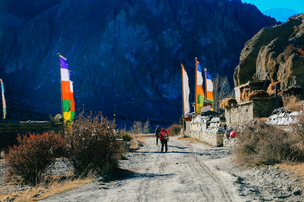 a couple of people walking down a dirt road