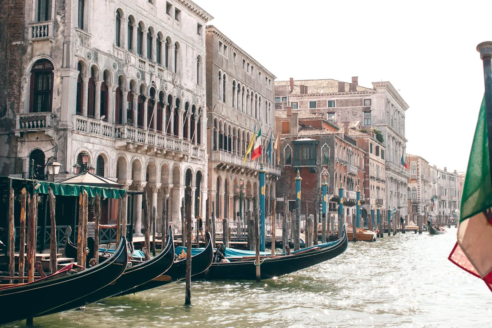 Gondolas Moored on Canal in Venice