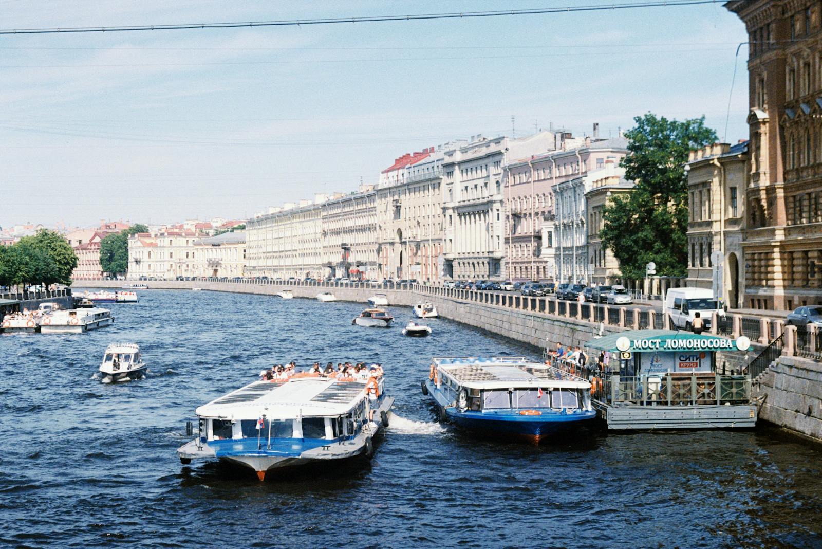 Passenger Ships on River in City in Russia