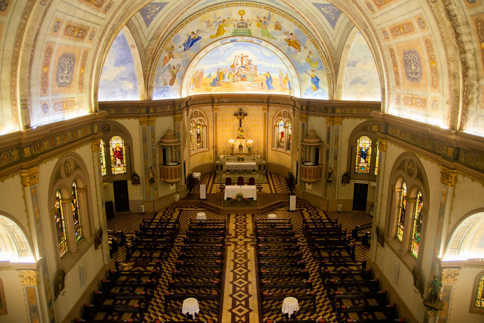 A view of a church from above with a large altar